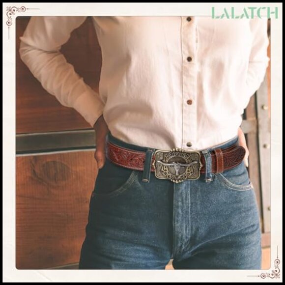 Western Leather Belt Floral Engraved Longhorn Buckle Classic Cowboy Style